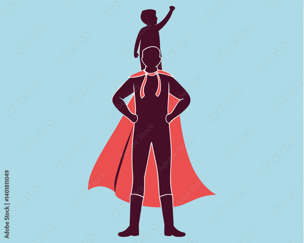 Superhero Dad with Child on Shoulders Silhouette and Cape Superhero Dad with Child on Shoulders Silhouette and Cape