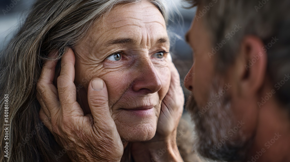 Fototapeta premium Mother’s Day: An older woman looks tenderly at a man with a beard, who is out of focus, while her hands are on her face. They have a close and loving moment.