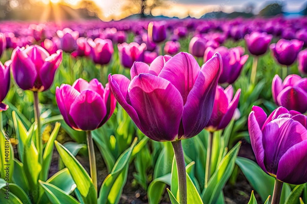 Obraz premium Panoramic Purple Tulip Field, Spring Flowers, Blooming Tulips, Purple Petal Plants, Nature Photography, Floral Background