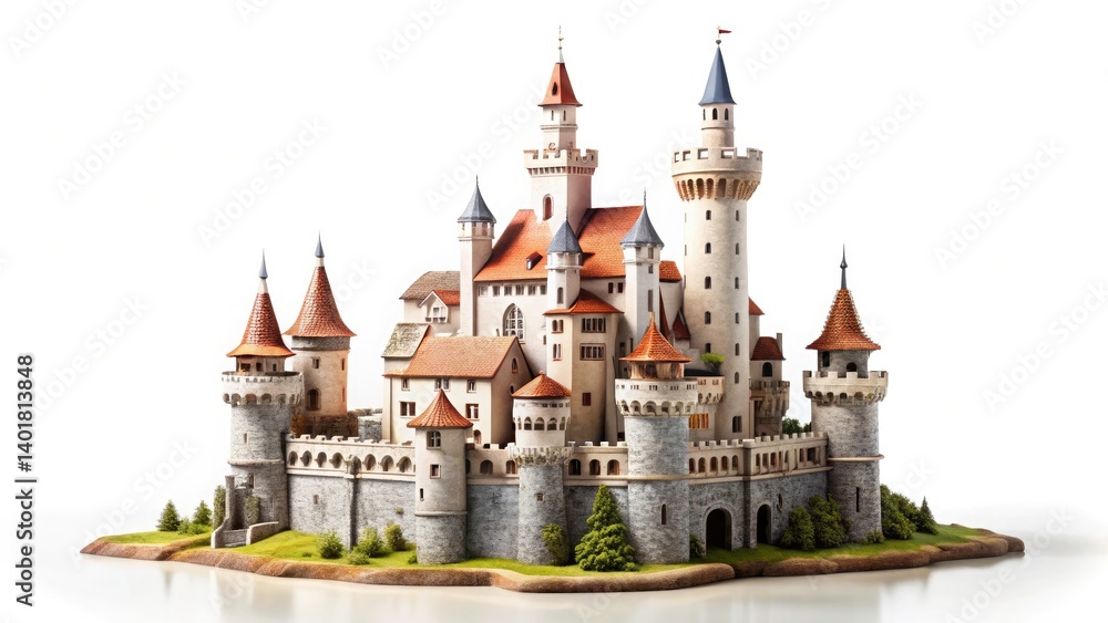 Fototapeta premium Miniature Castle, Tilt-Shift Photography, White Background, Fairytale Castle, Fantasy Castle, Isolated Castle