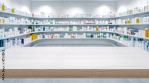 a wooden counter for mockup setting in focus with a blurred pharmacy interior showcasing medicine shelves and bright lighting