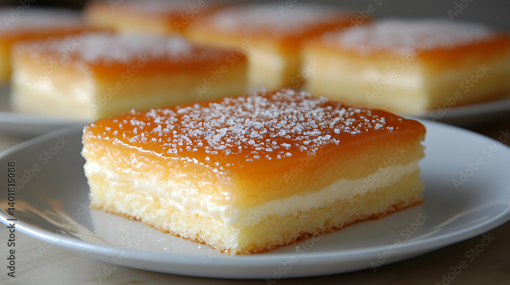 Delicious caramel cake slice, sprinkled with sugar, served on a white plate. Other slices blurred in the background. Perfect for dessert menus or baking blogs. Delicious caramel cake slice, sprinkled with sugar, served on a white plate. Other slices blurred in the background. Perfect for dessert menus or baking blogs.