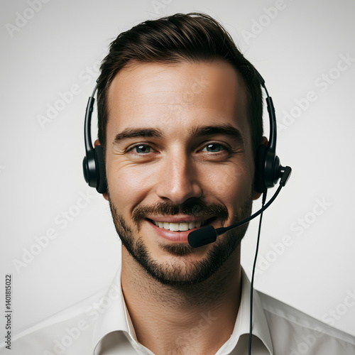Friendly customer service representative with headset, looking directly at the viewer with a warm smile, ready to assist with inquiries.