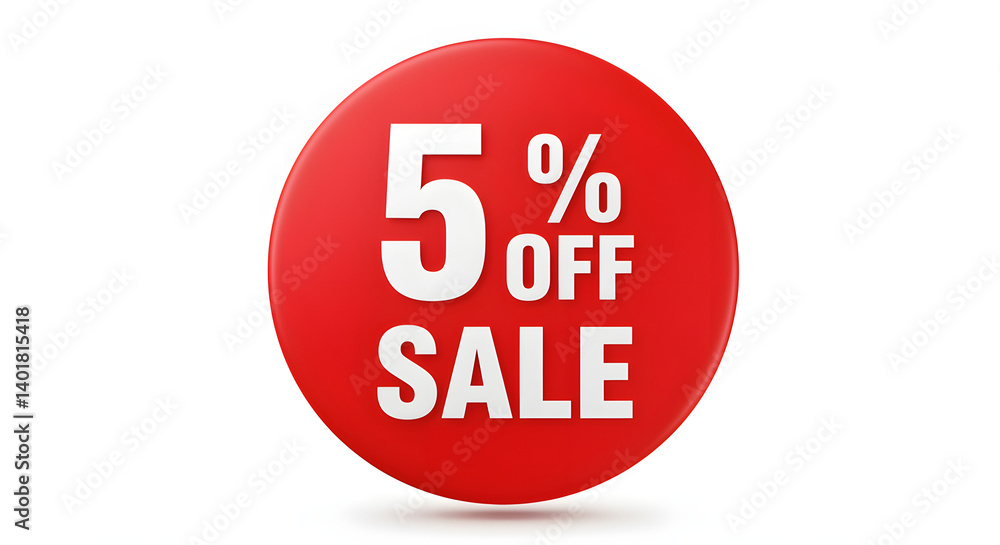 Promotional image of a round red sale badge with the number 5 followed by the words 'percent off sale' written in a white, sans-serif font. Promotional image of a round red sale badge with the number 5 followed by the words 'percent off sale' written in a white, sans-serif font.