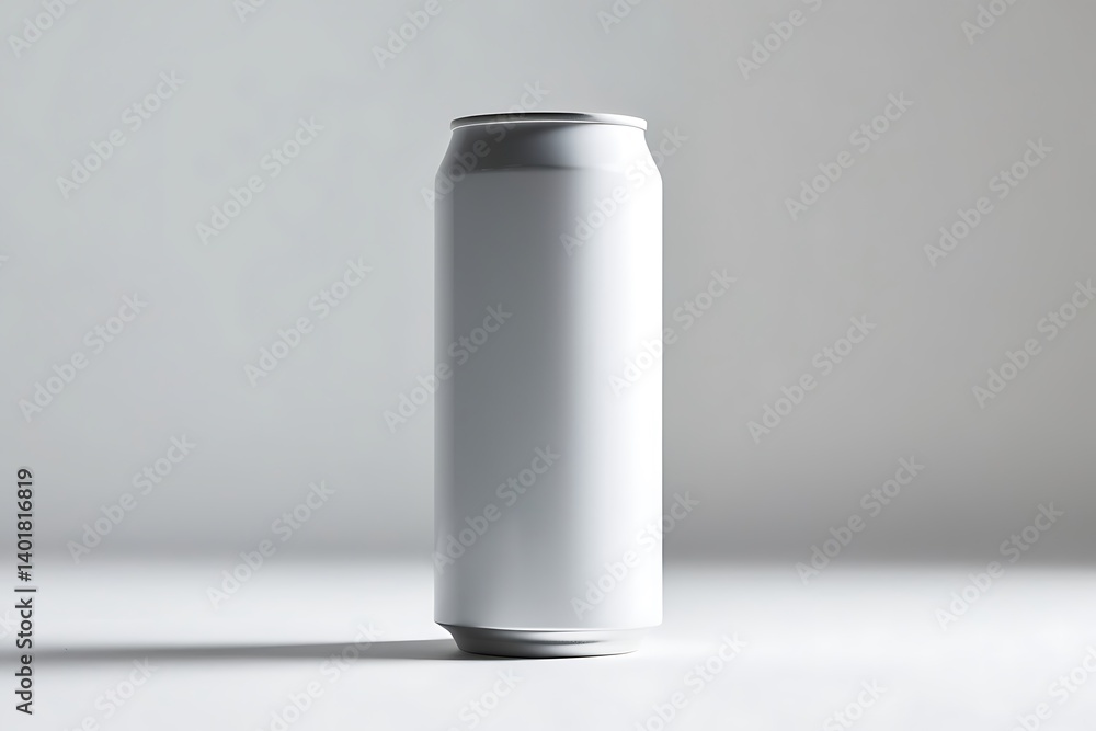 Silver Unlabeled Aluminum Beverage Can Stands On A White Surface Against A Light Grey Background, Minimalist Presentation, Soft Shadow. Product Advertisement, Mockup Silver Unlabeled Aluminum Beverage Can Stands On A White Surface Against A Light Grey Background, Minimalist Presentation, Soft Shadow. Product Advertisement, Mockup