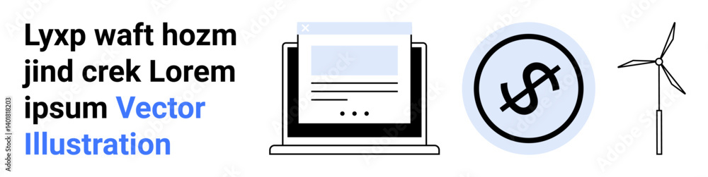 Laptop with document, dollar currency icon, wind turbine. Ideal for finance, energy, digital economy, business, technology, sustainability simple landing page