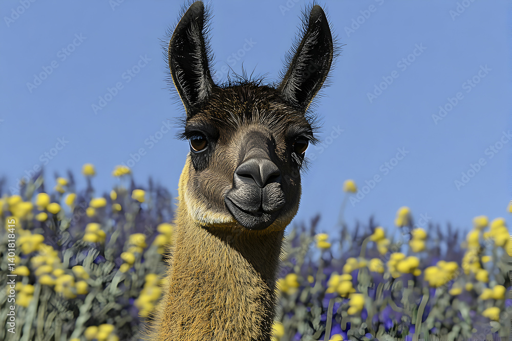 Obraz premium Close-up portrait of a llama against a backdrop of yellow and purple wildflowers under a clear blue sky.