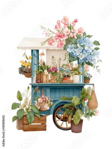 Flower cart with vibrant blooms on isolated background.