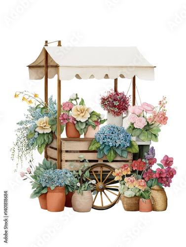 Flower cart with vibrant blooms, white isolate background