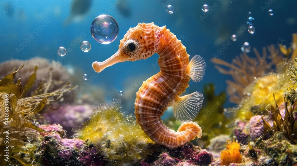 A close-up shot captures an orange seahorse swimming in an aquarium with coral and other marine plants. The image is bright and detailed, showing bubbles floating around the seahorse A close-up shot captures an orange seahorse swimming in an aquarium with coral and other marine plants. The image is bright and detailed, showing bubbles floating around the seahorse