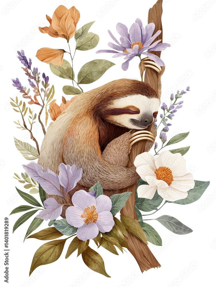 Obraz premium Sloth resting among colorful flowers