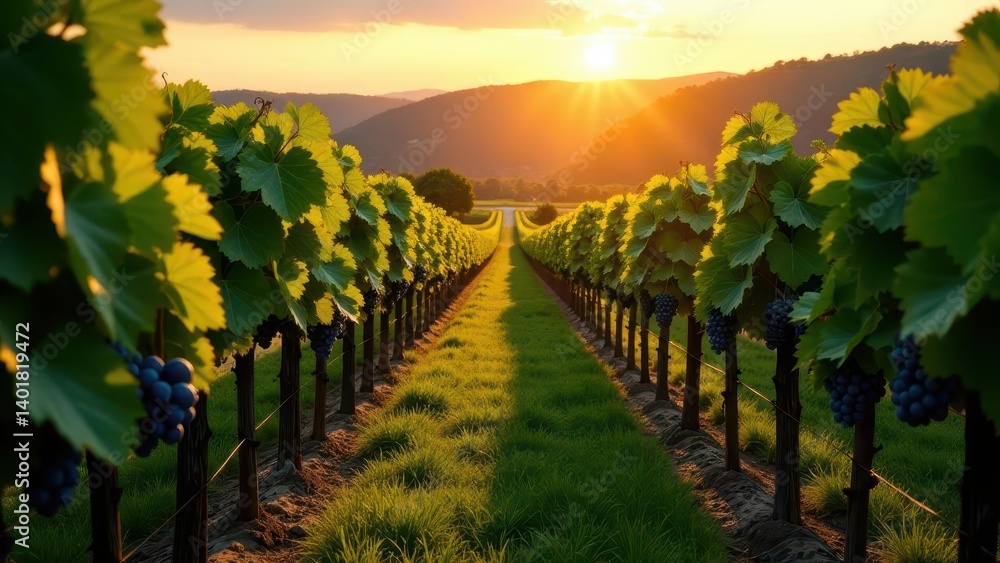 Fototapeta premium Golden Hour Vineyard Rows Lush Green Vines, Ripe Grapes, and a Sunset Path