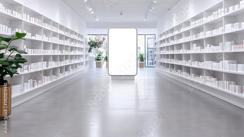 smartphone displaying mockup with natural products in an elegant retail store setting, a blurred pharmacy background