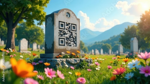 A Digital Memorial QR Code on a Tombstone in a Sunlit Cemetery