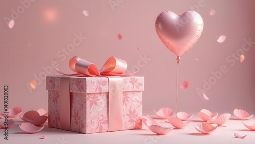 A Delicate Pink Gift Box with a Heart-Shaped Balloon and Falling Petals A Symbol of Love and Affection