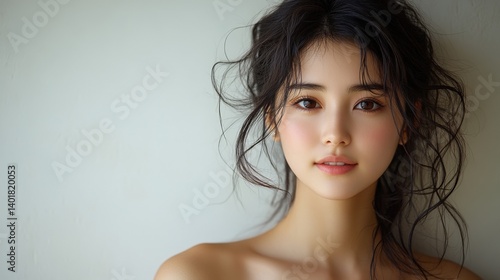 Wallpaper Mural Asian woman with radiant skin and flowing hair. Neutral studio background Torontodigital.ca