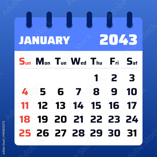 2043 January Calendar Layout. Vector Illustration of a January 2043 Planner. January 2043 Calendar Template. Flat design.