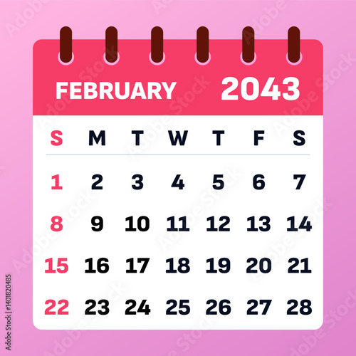 Clean February 2043 Calendar Vector. Monthly Planner Template.