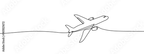Continuous lines, minimal, airplane drawn with simple lines line art vector illustration with background editable stroke.