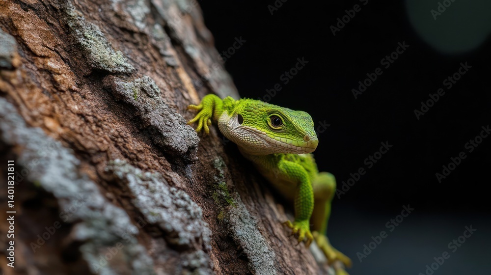 Close up shot of a vibrant green lizard perched on a textured brown tree trunk, set against a blurred dark background, showcasing its intricate skin patterns and captivating gaze in natural lighting Close up shot of a vibrant green lizard perched on a textured brown tree trunk, set against a blurred dark background, showcasing its intricate skin patterns and captivating gaze in natural lighting