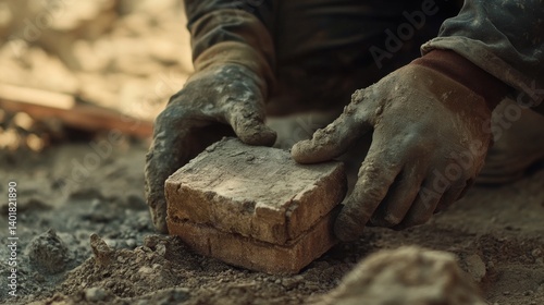 Construction worker laying bricks for a house foundation. Featuring strength and focus