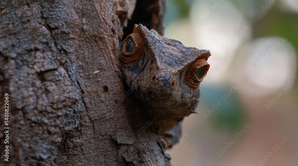 Macro shot of a cryptic leaf-tailed gecko perched on the side of a tree trunk, blending seamlessly with the bark. Bokeh background with hints of green from foliage. Natural sunlight enhances the Macro shot of a cryptic leaf-tailed gecko perched on the side of a tree trunk, blending seamlessly with the bark. Bokeh background with hints of green from foliage. Natural sunlight enhances the