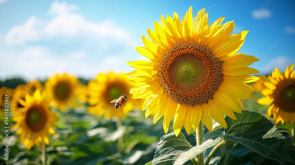 Vibrant Sunflower Field with Busy Bee in Clear Blue Sky Vibrant Sunflower Field with Busy Bee in Clear Blue Sky