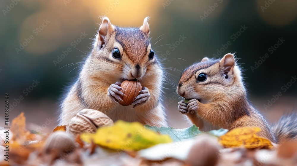 Close up shot features two chipmunks amidst autumn leaves, one holding and eating a walnut, the other with paws near its mouth in a blurred background with bokeh effect, bathed in soft, natural Close up shot features two chipmunks amidst autumn leaves, one holding and eating a walnut, the other with paws near its mouth in a blurred background with bokeh effect, bathed in soft, natural