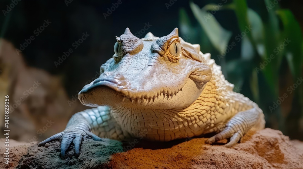 Close up of a Yacare Caiman against a blurred background. It is lying on the sand. It has light coloring with some spots on its skin. The lighting is soft and diffused highlighting its texture