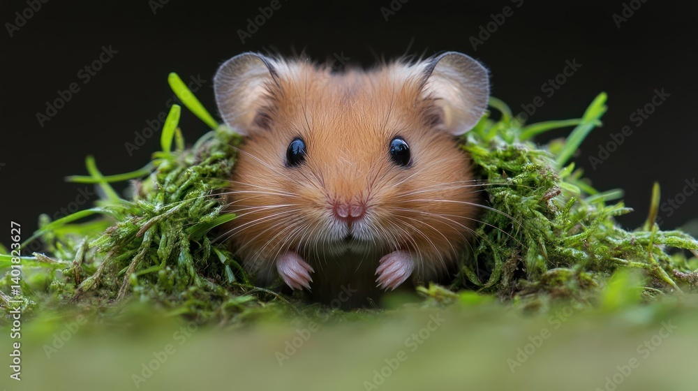 Close-up of a small, brown harvest mouse nestled in green moss against a dark background. The mouse's tiny face and beady eyes are visible, with soft, blurred details in the surrounding foliage Close-up of a small, brown harvest mouse nestled in green moss against a dark background. The mouse's tiny face and beady eyes are visible, with soft, blurred details in the surrounding foliage