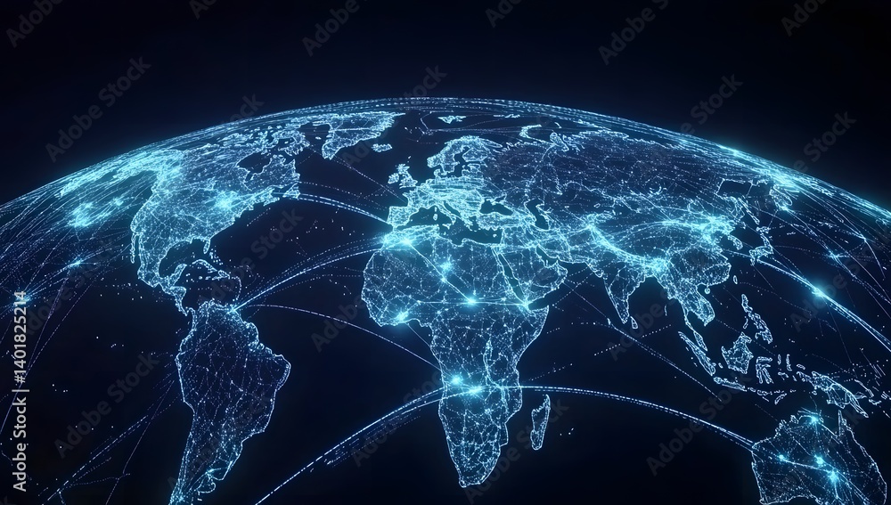 Fototapeta premium A digital map of the world with glowing blue connections between cities, representing global connectivity and data transfer across diverse locations. 