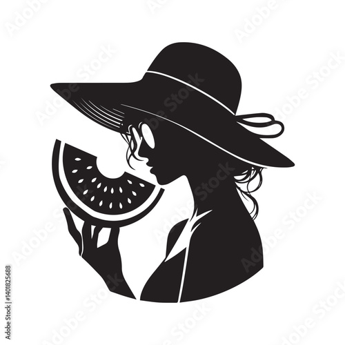 Girl wearing hat and sunglasses and eating watermelon silhouette on white background.