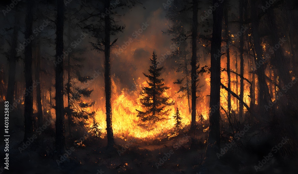 A forest on fire, trees burning in the background, smoke and flames filling the air, capturing an intense moment of destruction. The natural environment with tall trees engulfed by flame, A forest on fire, trees burning in the background, smoke and flames filling the air, capturing an intense moment of destruction. The natural environment with tall trees engulfed by flame,