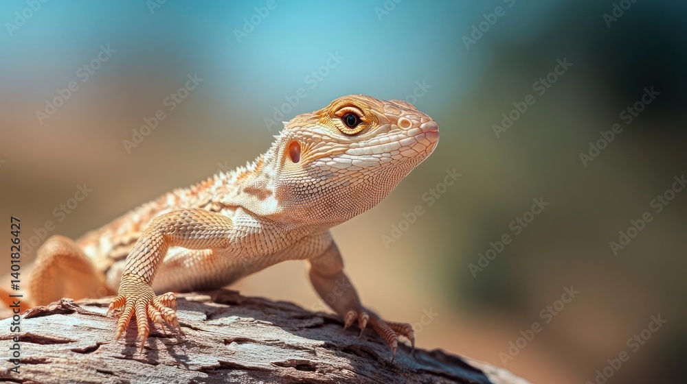 Close up of a Bearded Dragon on a branch, showcasing its detailed scales and textured skin under natural light. The background is blurred, highlighting the reptile's head and upper body Close up of a Bearded Dragon on a branch, showcasing its detailed scales and textured skin under natural light. The background is blurred, highlighting the reptile's head and upper body