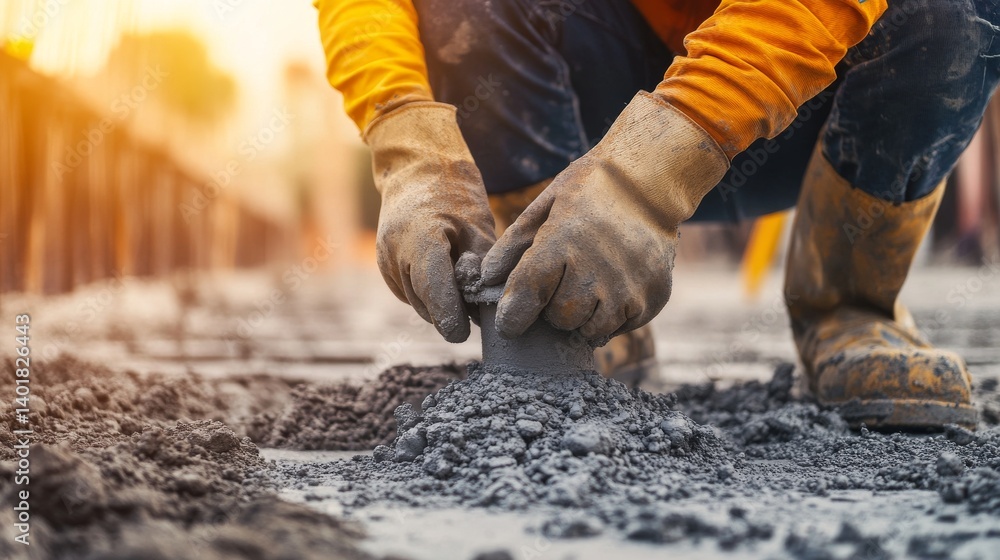 Construction worker preparing cement at a building site. Featuring teamwork and precision Construction worker preparing cement at a building site. Featuring teamwork and precision