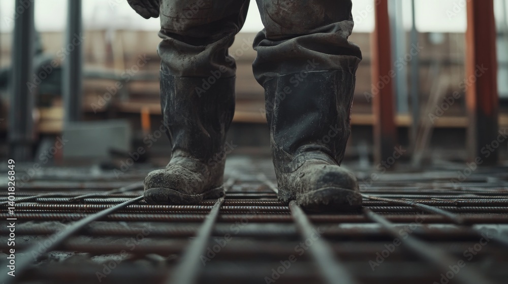 Construction worker securing rebar for concrete foundation. Featuring strength and precision Construction worker securing rebar for concrete foundation. Featuring strength and precision