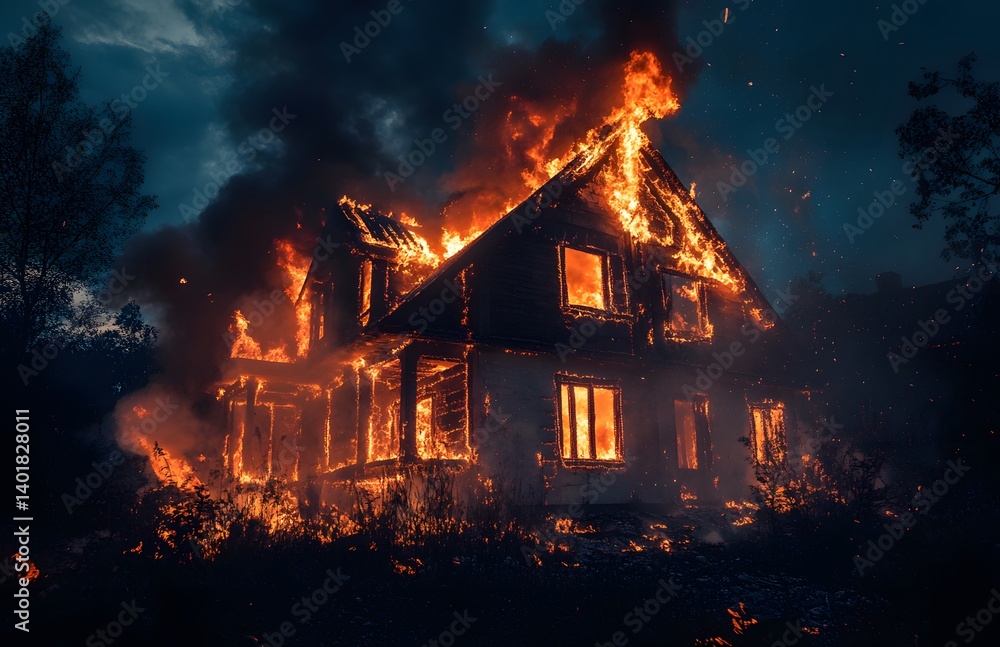 A house on fire, in the night, smoke and flames engulfing the building, burning down to ashes. A house on fire, in the night, smoke and flames engulfing the building, burning down to ashes.
