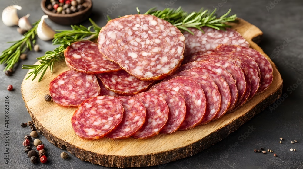 Delicious Salami Slices on Wooden Board with Rosemary Delicious Salami Slices on Wooden Board with Rosemary
