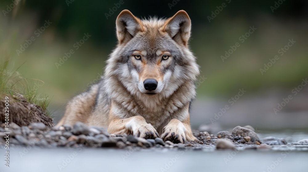 A striking portrait of a gray wolf resting by a rocky stream, showcasing its intense gaze and natural beauty. The soft, blurred background enhances the focus on the animal, capturing a serene and A striking portrait of a gray wolf resting by a rocky stream, showcasing its intense gaze and natural beauty. The soft, blurred background enhances the focus on the animal, capturing a serene and