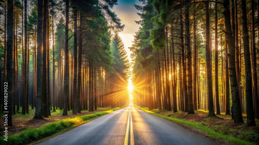 Naklejka premium Sunset Forest Road Scenic Drive, Sunbeams Through Trees, Autumnal Pathway, Nature Photography