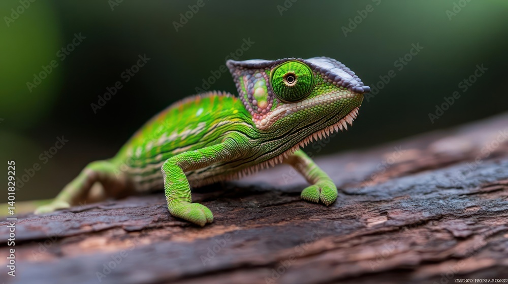 Vibrant green chameleon perched on a weathered brown log, showcasing intricate scales and textures against a soft, blurred verdant backdrop. The lizard's watchful gaze and distinctive crest are focal Vibrant green chameleon perched on a weathered brown log, showcasing intricate scales and textures against a soft, blurred verdant backdrop. The lizard's watchful gaze and distinctive crest are focal
