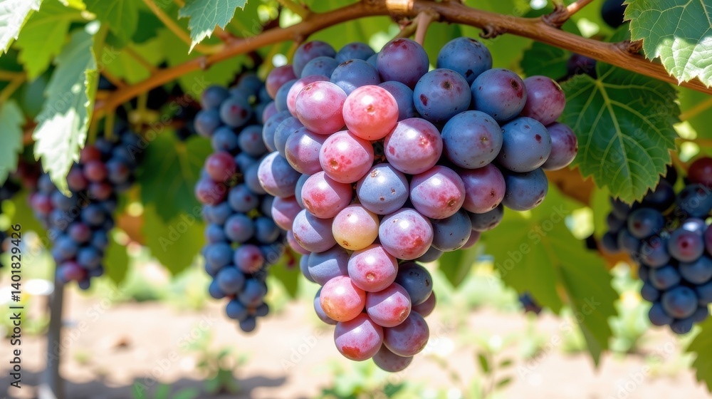 Vibrant bunch of grapes hanging on a vine, showcasing rich colors and greenery. Vibrant bunch of grapes hanging on a vine, showcasing rich colors and greenery.