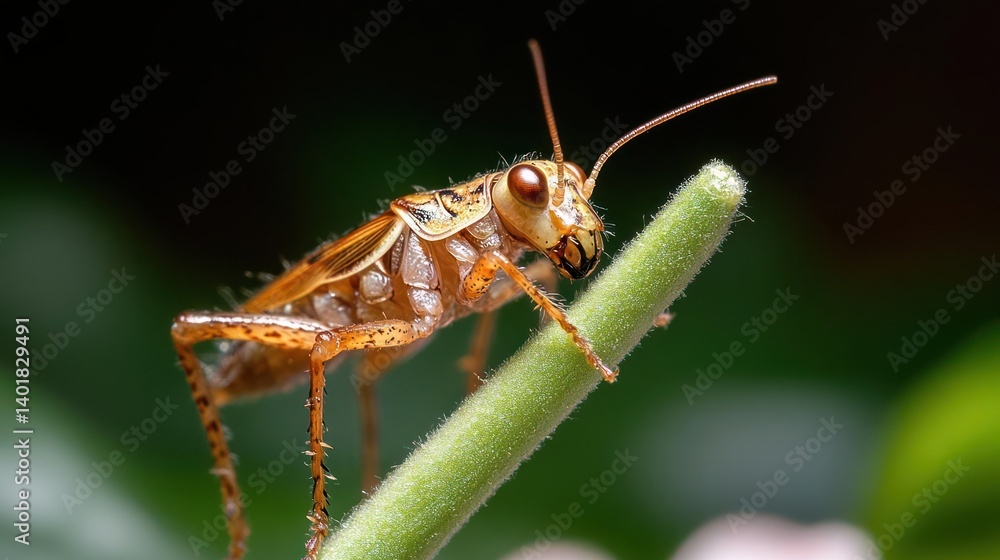 Detailed close-up featuring a small, orange cricket perched on a green stem. The cricket has distinctive patterns and textures, set against a blurred background of leaves and foliage, highlighting Detailed close-up featuring a small, orange cricket perched on a green stem. The cricket has distinctive patterns and textures, set against a blurred background of leaves and foliage, highlighting