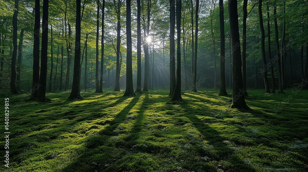 Obraz premium Sunbeams pierce misty forest floor (2)