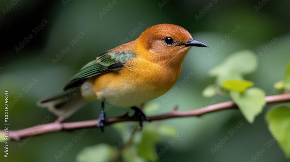 A close-up shot of a small, vibrant orange bird perched on a slender branch against a soft, blurred background of green foliage, capturing a serene moment in nature A close-up shot of a small, vibrant orange bird perched on a slender branch against a soft, blurred background of green foliage, capturing a serene moment in nature