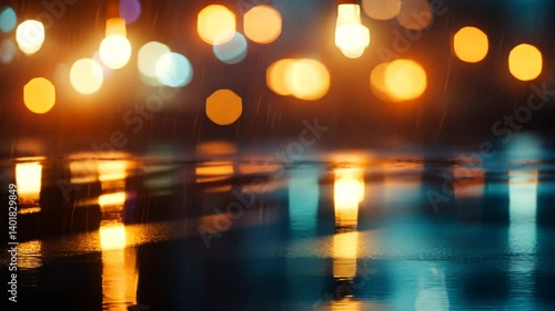 Abstract blurred bokeh lights background reflecting on wet floor at night