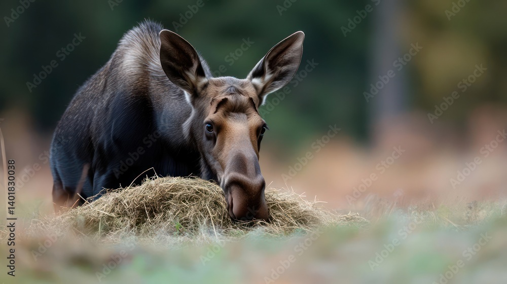 Close-up shot of a large moose grazing in a meadow. The moose's dark fur contrasts with the light-colored grass it's eating. The background is a blurry mix of brown and green tones, suggesting a Close-up shot of a large moose grazing in a meadow. The moose's dark fur contrasts with the light-colored grass it's eating. The background is a blurry mix of brown and green tones, suggesting a