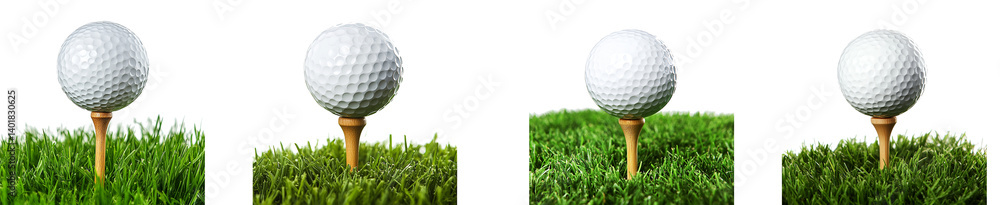 Four Golf Balls on Tees Amidst Green Grass, Isolated on a Transparent Background Four Golf Balls on Tees Amidst Green Grass, Isolated on a Transparent Background