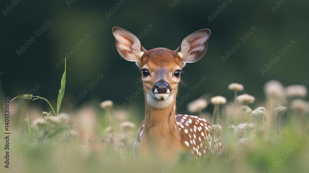 Close up portrait of a fawn with white spots in a field of clovers, focusing on the details of its fur and gentle expression against a blurred green and white background Close up portrait of a fawn with white spots in a field of clovers, focusing on the details of its fur and gentle expression against a blurred green and white background