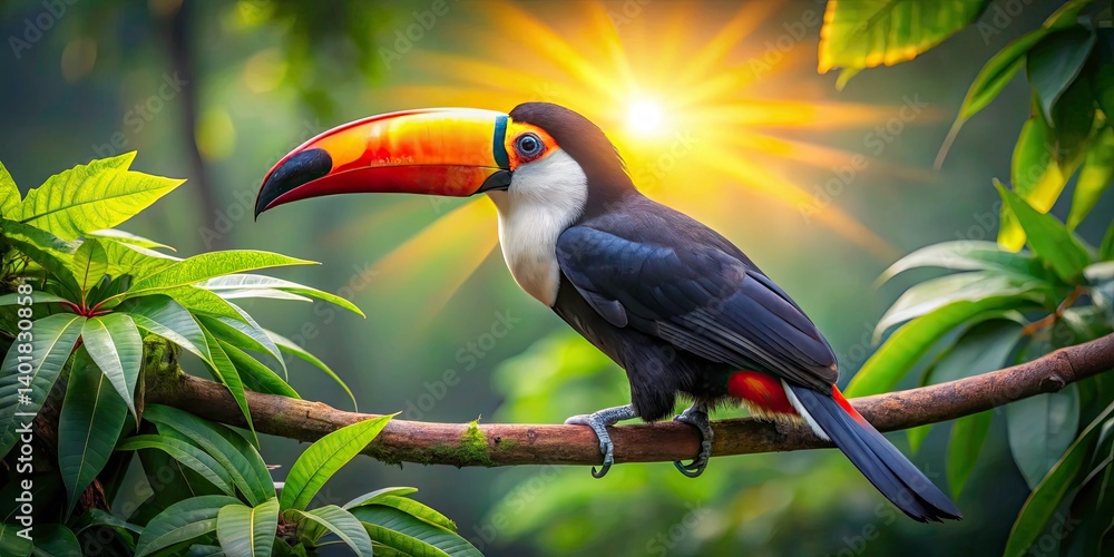 Fototapeta premium Toco Toucan in Pantanal, Brazil: Vibrant Bird on Branch, Wildlife Photography, Amazon Rainforest